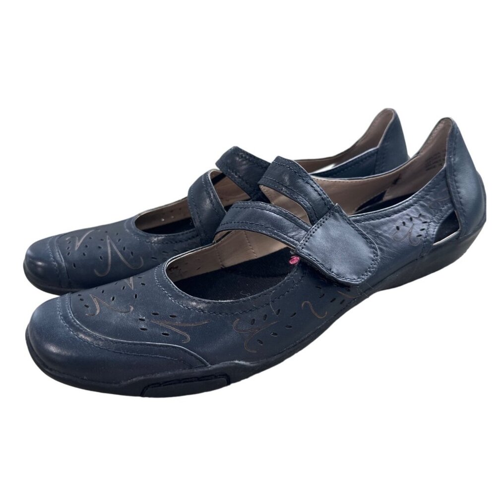 Ros Hommerson Mary Jane Shoes Size 8 Navy Perforated Leather Hook Loop Strap